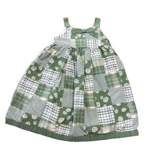 Janie & Jack green daisy patchwork dress 6-12 Mos Lined Bow Adorable